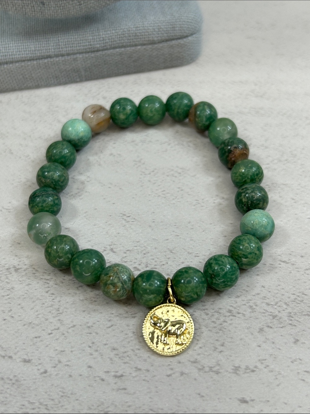 Jade Stone Stretch Bracelet with Gold Coin Charm